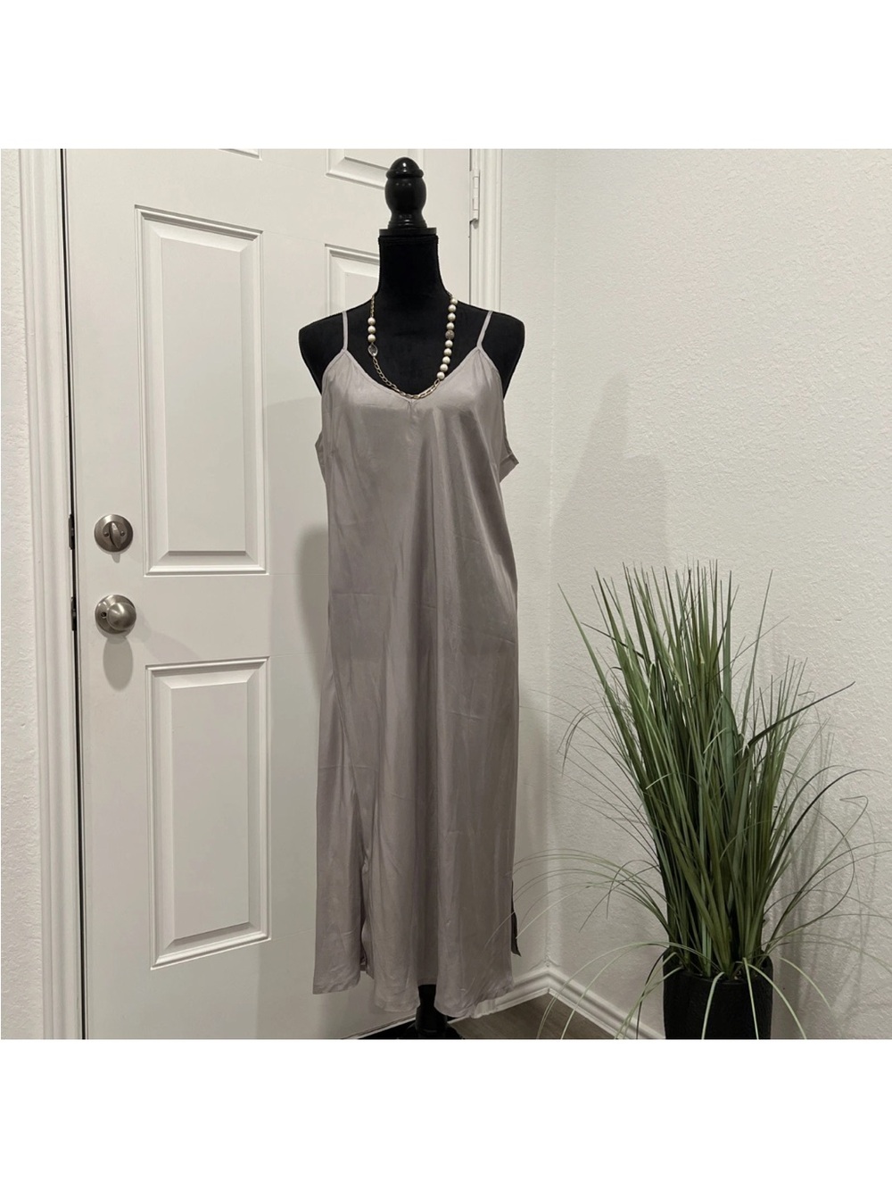 Silky Gray V-Neck Slip Dress with Spaghetti Straps